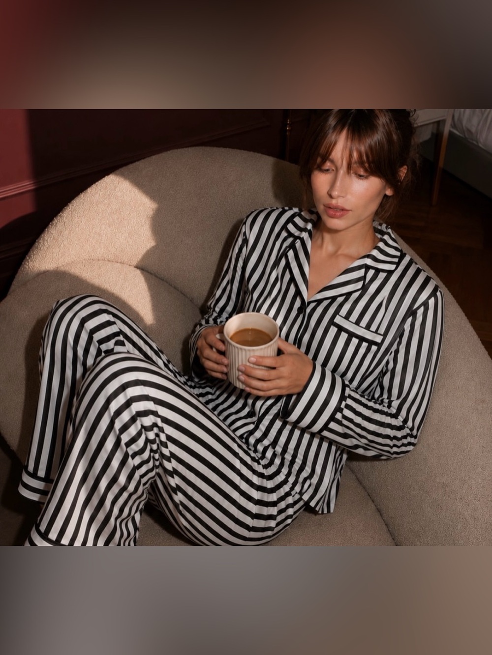 INC International Concepts Black and White Vertical Stripe Satin Pajama Set